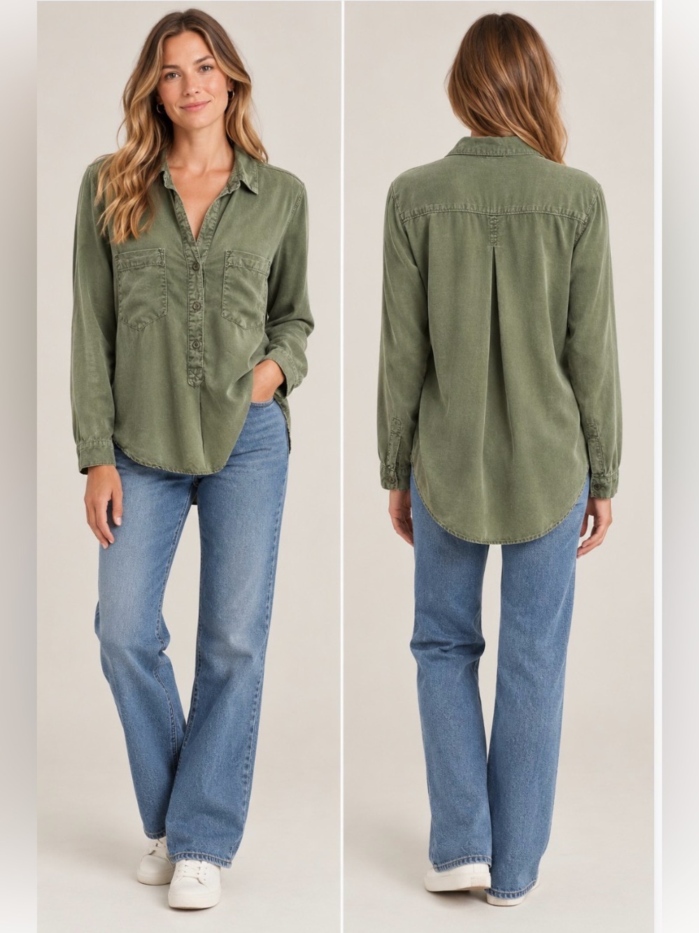 Bella Dahl Army Green Button Up Long-Sleeve Shirt M
